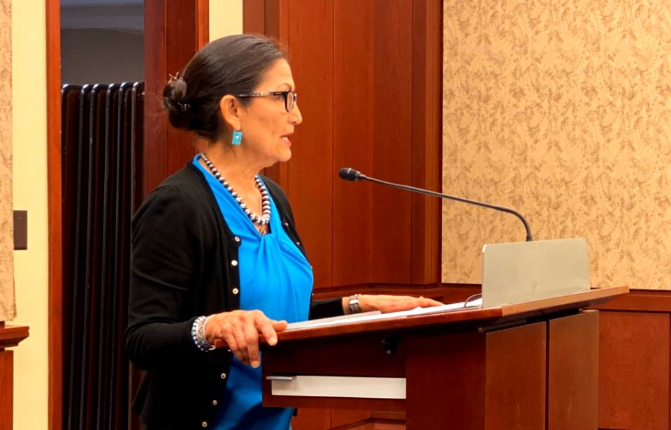 Deb Haaland speaks during House Democrats Natural Resources press conference 2019-12-11