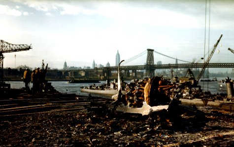 Debris on flight deck of USS Franklin (CV-13) in April 1945 photo