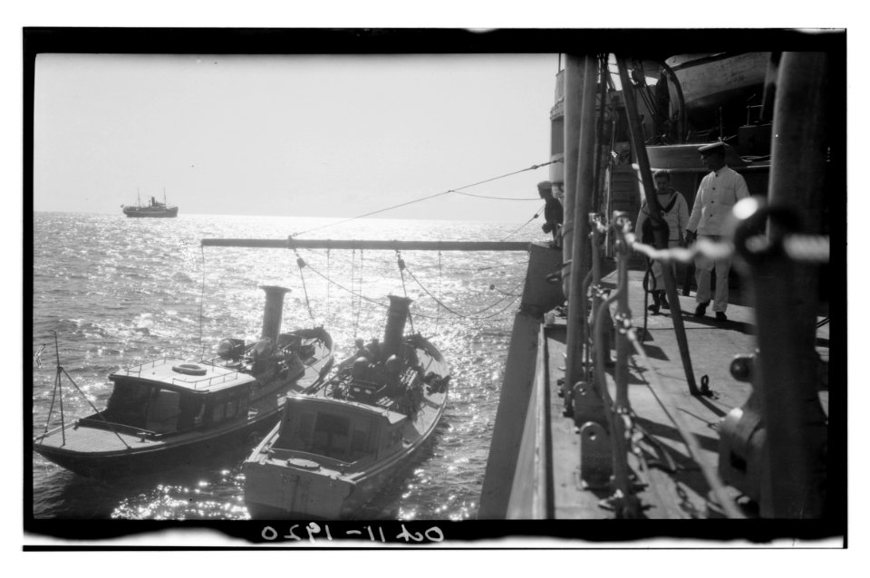 Deck of ship with boats in water LOC matpc.14234
