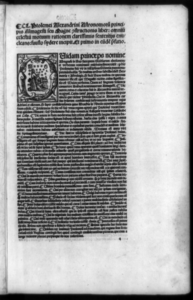 Decorated initial with bearded man pointing up to the sun, moon, and stars and down to the earth; and surrounding text LCCN92516363