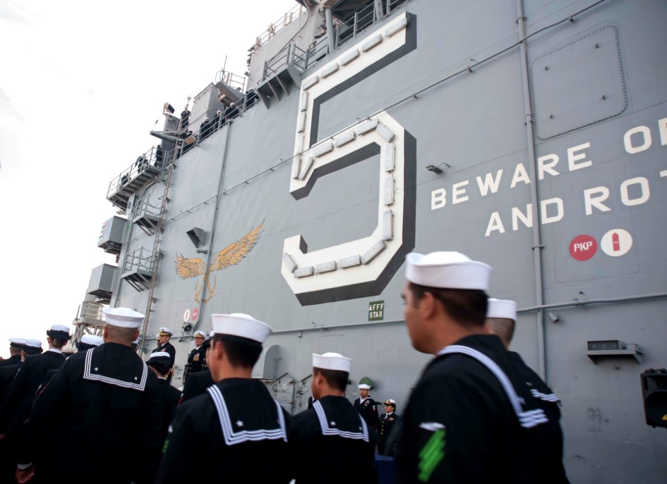 Decommissioning of the amphibious assault ship USS Peleliu (LHA-5) at Naval Base San Diego 150331-N-DC018-213