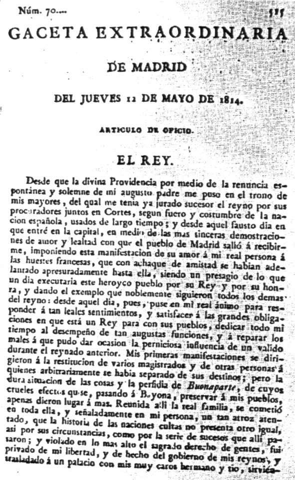 Decreto de 4 de mayo de 1814 anulando lo hecho en las Cortes de Cadiz