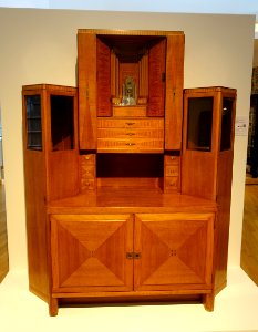 Decorative cupboard, Albin Muller designer, Hofmobelfabrik Joseph Trier, Darmstadt, 1907-1909, nutwood, maple, gilt brass - Museum Künstlerkolonie Darmstadt - Mathildenhöhe - Darmstadt, Germany - DSC06003 photo