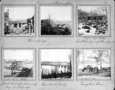 Defense of Washington - 6 views- 2 views of Chain Bridge, Pimmitt Run Bridge (small bridge near Chain Bridge), Block House for defense of Aqueduct Bridge, and Georgetown Ferry LCCN2003670507 photo