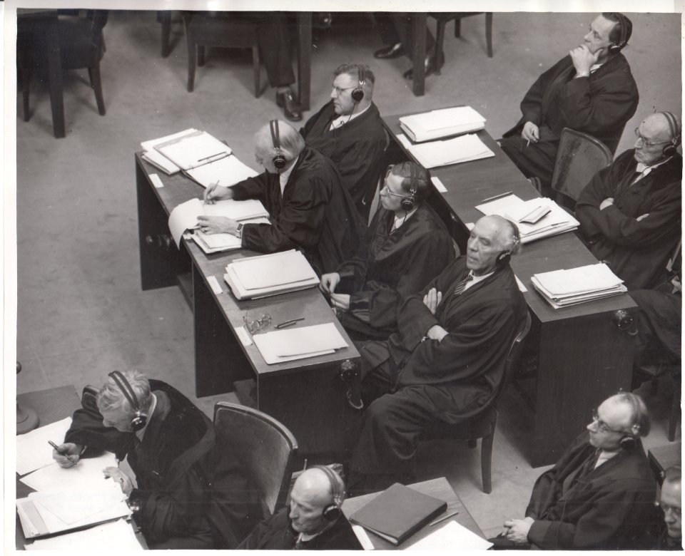 Defense counsel in the Medical Case in a courtroom of Nurnberg's Palace of Justice