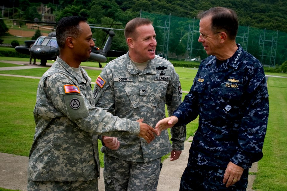 Defense.gov News Photo 100721-N-0696M-012 - Chairman of the Joint Chiefs of Staff Adm. Mike Mullen U.S. Navy is greeted by the Commander of U.S. Army Garrison Red Cloud Col. Hank Dodge and
