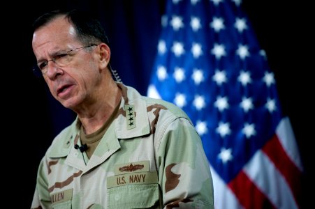 Defense.gov News Photo 100727-N-0696M-284 - Chairman of the Joint Chiefs of Staff Adm. Mike Mullen U.S. Navy addresses the media at the Combined Press Information Center in Baghdad Iraq