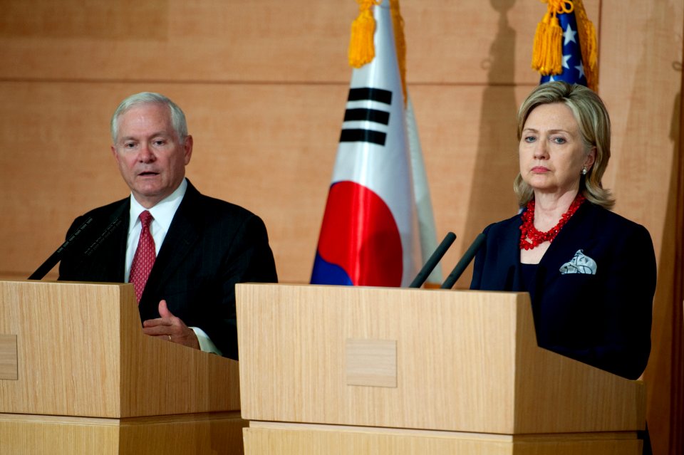 Defense.gov News Photo 100721-N-0696M-299 - Secretary of Defense Robert M. Gates and Secretary of State Hillary Rodham Clinton address the media in Seoul on July 21 2010. The secretaries are