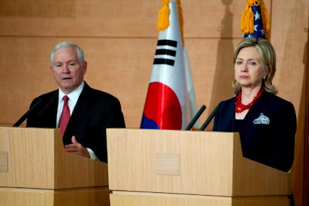 Defense.gov News Photo 100721-N-0696M-299 - Secretary of Defense Robert M. Gates and Secretary of State Hillary Rodham Clinton address the media in Seoul on July 21 2010. The secretaries are photo