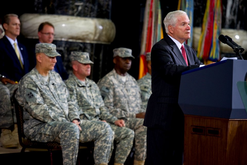 Defense.gov News Photo 100901-N-0696M-179 - Secretary of Defense Robert M. Gates addresses the audience at a U.S. Forces-Iraq change of command ceremony in Baghdad Iraq on Sept. 1 2010