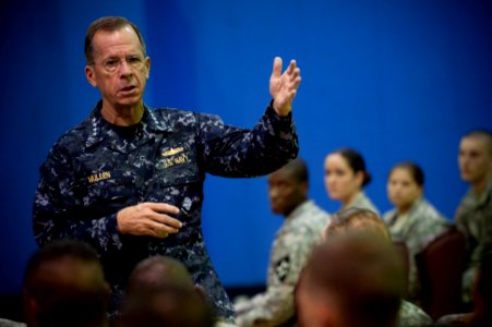 Defense.gov News Photo 100721-N-0696M-111 - Chairman of the Joint Chiefs of Staff Adm. Mike Mullen U.S. Navy answers questions during an all hands call with soldiers assigned to the 2nd
