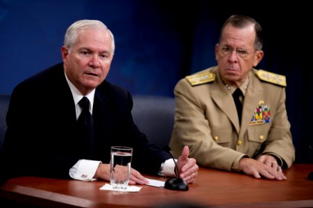 Defense.gov News Photo 100923-N-0696M-057 - Secretary of Defense Robert M. Gates and Chairman of the Joint Chiefs of Staff Adm. Mike Mullen U.S. Navy address the media during a press briefing photo