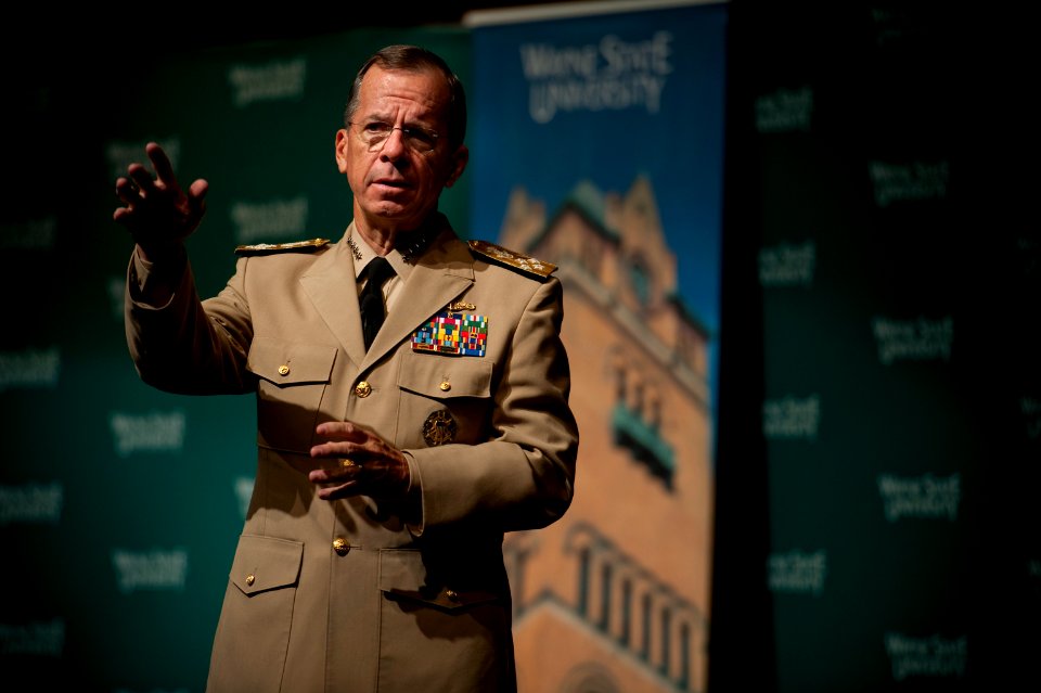 Defense.gov News Photo 100826-N-0696M-195 - Chairman of the Joint Chiefs of Staff Adm. Mike Mullen U.S. Navy addresses audience members at Wayne State University in Detroit Mich. on Aug