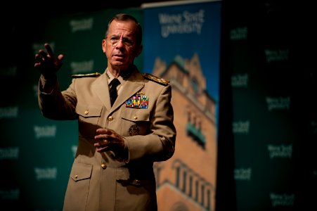 Defense.gov News Photo 100826-N-0696M-195 - Chairman of the Joint Chiefs of Staff Adm. Mike Mullen U.S. Navy addresses audience members at Wayne State University in Detroit Mich. on Aug