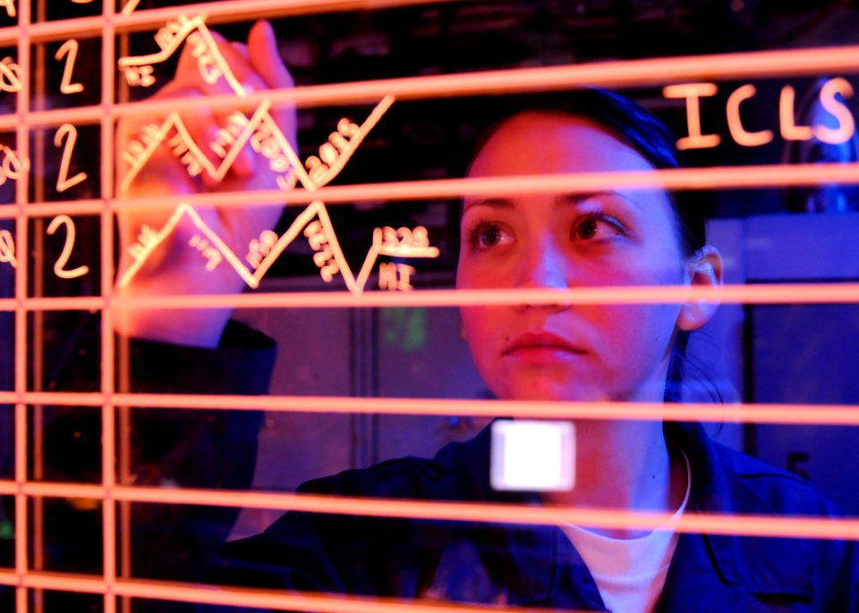 Defense.gov News Photo 100921-N-9950J-163 - U.S. Navy Airman Chelsea Pitchford updates information on an aircraft status board in the amphibious air traffic control center aboard the
