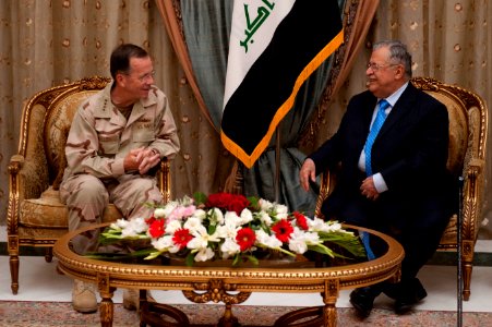 Defense.gov News Photo 100727-N-0696M-244 - Chairman of the Joint Chiefs of Staff Adm. Mike Mullen U.S. Navy meets with Iraqi President Jalal Talabani in Baghdad on July 27 2010. Mullen s