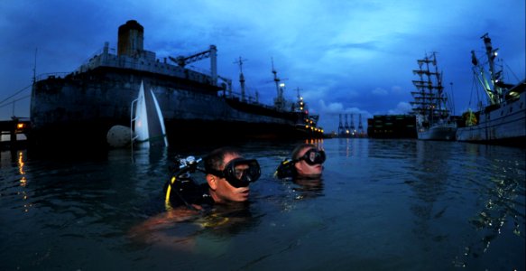 Defense.gov News Photo 100819-N-9769P-287 - Peruvian navy diver Falcon Bernol left and U.S. Navy Petty Officer 1st Class Shawn Cooley right with Company 2-6 Mobile Diving and Salvage Unit 2