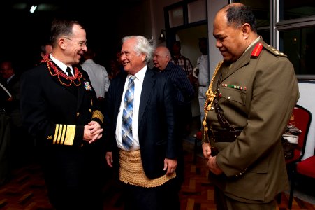 Defense.gov News Photo 101109-N-0696M-118 - Chairman of the Joint Chiefs of Staff Adm. Mike Mullen U.S. Navy speaks with Prime Minister of Tonga Feleti Vakauta Sevele and Brig. Gen. Tau