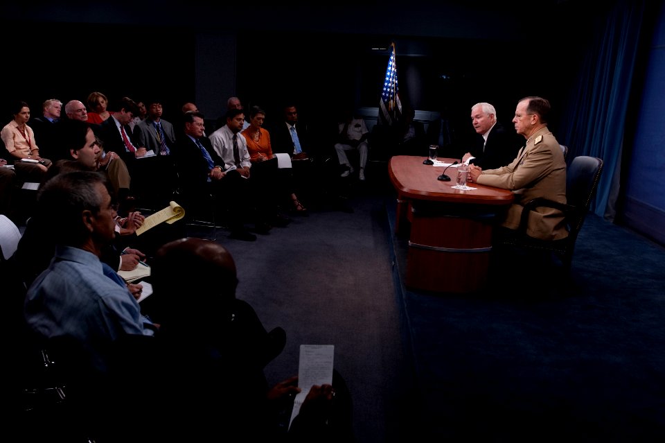 Defense.gov News Photo 100923-N-0696M-076 - Secretary of Defense Robert M. Gates and Chairman of the Joint Chiefs of Staff Adm. Mike Mullen U.S. Navy address the media during a press briefing