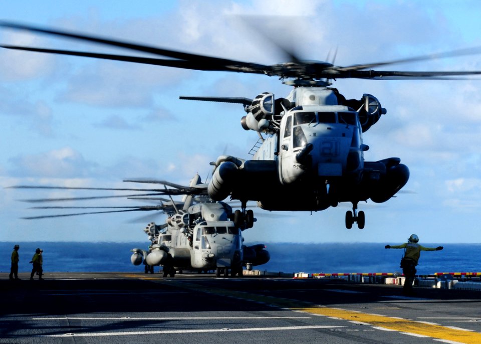 Defense.gov News Photo 101122-N-5538K-114 - A U.S. Marine Corps CH-53E Sea Stallion helicopter assigned to Marine Medium Helicopter Squadron 262 takes off from the flight deck of the
