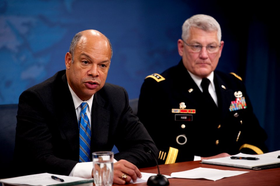 Defense.gov News Photo 101130-N-0696M-144 - Department of Defense General Counsel Jeh C. Johnson and U.S. Army Gen. Carter Ham conduct a press briefing in the Pentagon discussing the public