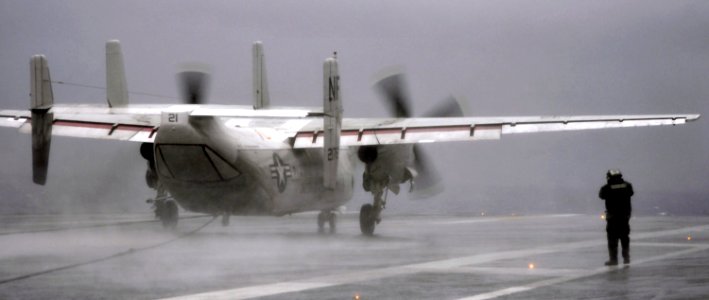 Defense.gov News Photo 101202-N-7103C-491 - A U.S. Navy C-2A Greyhound aircraft assigned to Carrier Logistic Support Squadron 30 lands aboard the aircraft carrier USS George Washington CVN 73