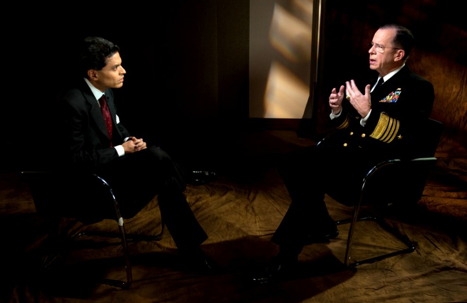 Defense.gov News Photo 101124-N-0696M-002 - Chairman of the Joint Chiefs of Staff Adm. Mike Mullen, U.S. Navy, is interviewed by CNN s Fareed Zakaria in New York City on Nov. 24, 2010