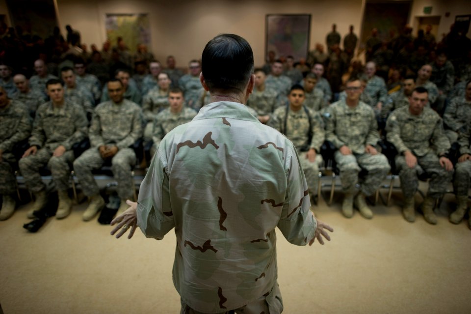 Defense.gov News Photo 101213-N-0696M-331 - Chairman of the Joint Chiefs of Staff Adm. Mike Mullen U.S. Navy addresses soldiers assigned to the 1st Armored Division in Baghdad Iraq on