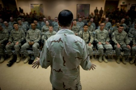 Defense.gov News Photo 101213-N-0696M-331 - Chairman of the Joint Chiefs of Staff Adm. Mike Mullen U.S. Navy addresses soldiers assigned to the 1st Armored Division in Baghdad Iraq on photo