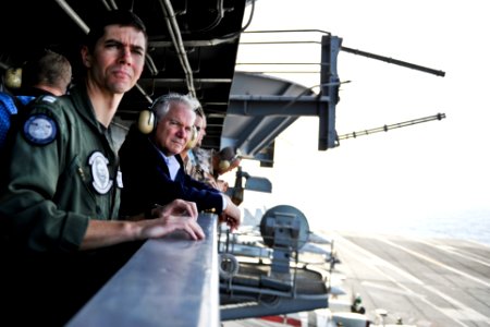Defense.gov News Photo 101206-N-4973M-083 - Secretary of Defense Robert M. Gates 2nd from left observes flight operations aboard the aircraft carrier USS Abraham Lincoln CVN 72 underway in