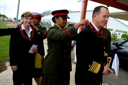 Defense.gov News Photo 101109-N-0696M-236 - Chairman of the Joint Chiefs of Staff Adm. Mike Mullen U.S. Navy and his wife Deborah are presented leis after their arrival in the Kingdom of