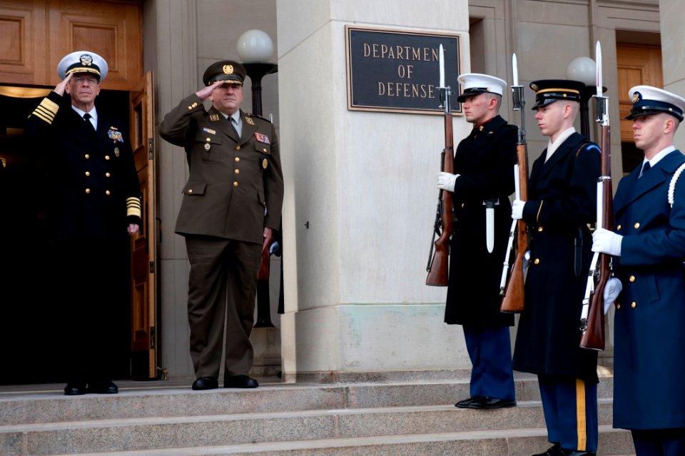 Defense.gov News Photo 110110-N-0696M-088 - Chairman of the Joint Chiefs of Staff Adm. Mike Mullen U.S. Navy and Croatian Chief of Defense Gen. Josip Lucic salute the playing of their