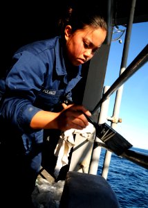 Defense.gov News Photo 110112-N-5853P-127 - U.S. Navy Seaman Whitney A. Polanco paints handrails on the fantail of the aircraft carrier USS Ronald Reagan CVN 76 while the ship conducts