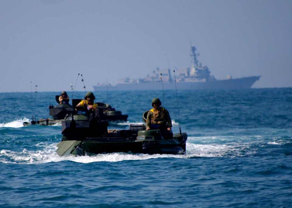 Defense.gov News Photo 110210-N-5989K-066 - Amphibious assault vehicles from the amphibious transport dock ship USS Denver LPD 9 participate in an amphibious exercise in the South China Sea