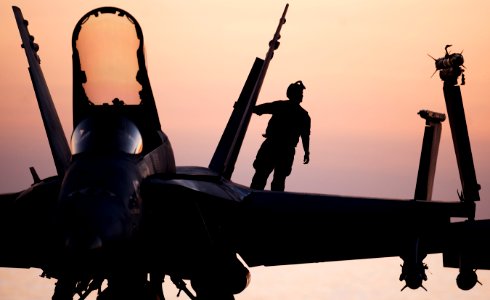 Defense.gov News Photo 110208-N-2055M-344 - A plane captain performs a pre-flight inspection on an F A-18C Hornet assigned to Strike Fighter Squadron 25 aboard the aircraft carrier USS Carl