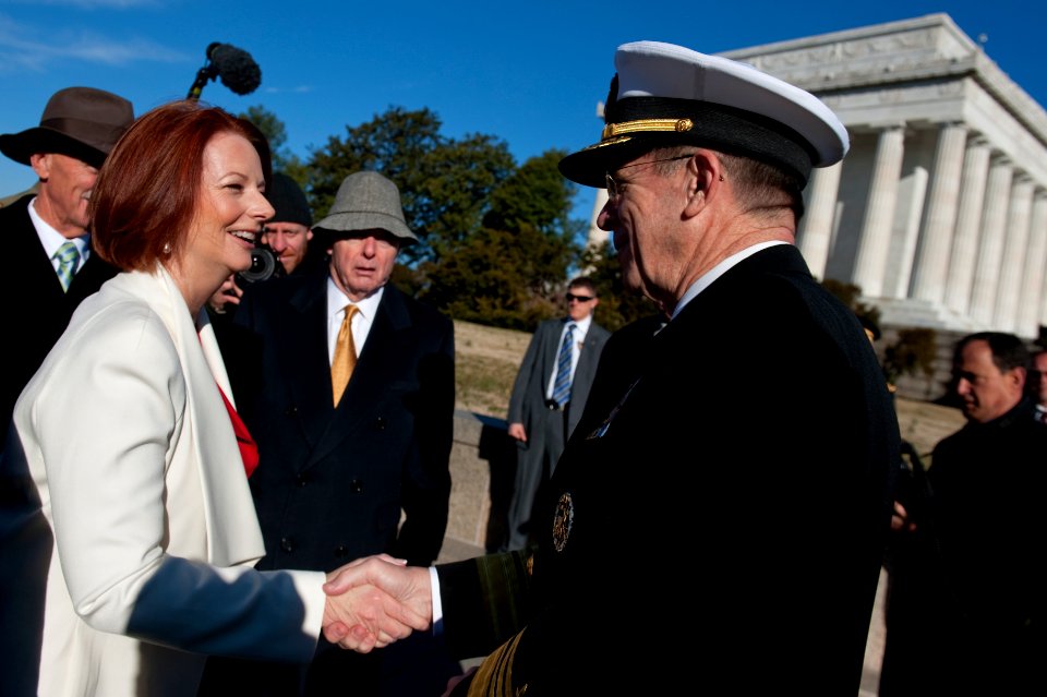 Defense.gov News Photo 110307-N-TT977-017 - Chairman of the Joint Chiefs of Staff Adm. Mike Mullen U.S. Navy greets Australian Prime Minister Julia Gillard at a ceremony on the steps of the