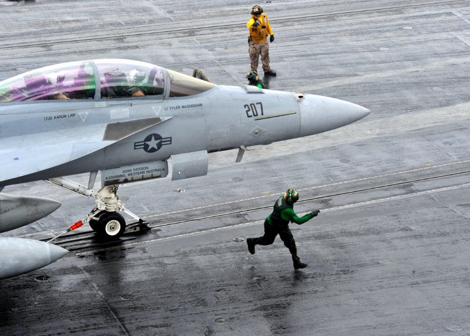 Defense.gov News Photo 110307-N-0569K-093 - An F A-18F Super Hornet aircraft assigned to Strike Fighter Squadron 211 prepares to launch from catapult three during cyclic flight operations