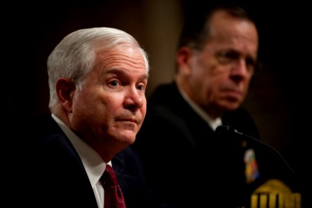Defense.gov News Photo 110331-N-TT977-304 - Secretary of Defense Robert M. Gates and Chairman of the Joint Chiefs of Staff Adm. Mike Mullen testify at a hearing of the Senate Armed Services