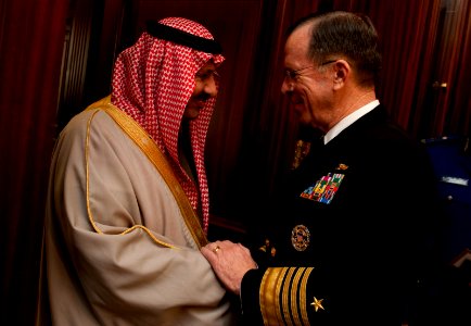 Defense.gov News Photo 110221-N-TT977-044 - Chairman of the Joint Chiefs of Staff Adm. Mike Mullen U.S. Navy greets Saudi Arabian Assistant Minister of Defense and Aviation Prince Khalid