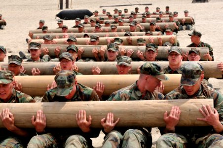Defense.gov News Photo 110406-N-YS896-131 - First Phase Basic Underwater Demolition SEALs BUD S candidates use teamwork to perform physical training exercises with a 600 pound log at Naval photo