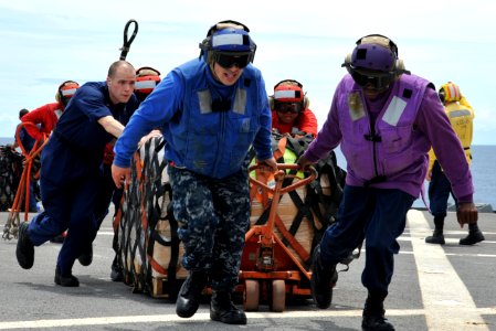 Defense.gov News Photo 110312-N-CP762-2100 - U.S. Navy sailors aboard the U.S. 7th Fleet flagship USS Blue Ridge LCC 19 move pallets of humanitarian assistance disaster relief kits across the photo