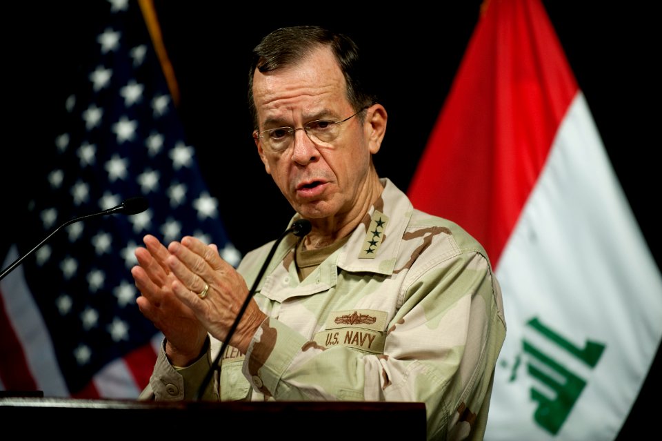 Defense.gov News Photo 110422-N-TT977-445 - Chairman of the Joint Chiefs of Staff Adm. Mike Mullen addresses members of the media during a press availability at Al-Faw Palace at Camp Victory