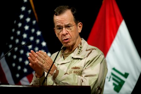 Defense.gov News Photo 110422-N-TT977-445 - Chairman of the Joint Chiefs of Staff Adm. Mike Mullen addresses members of the media during a press availability at Al-Faw Palace at Camp Victory