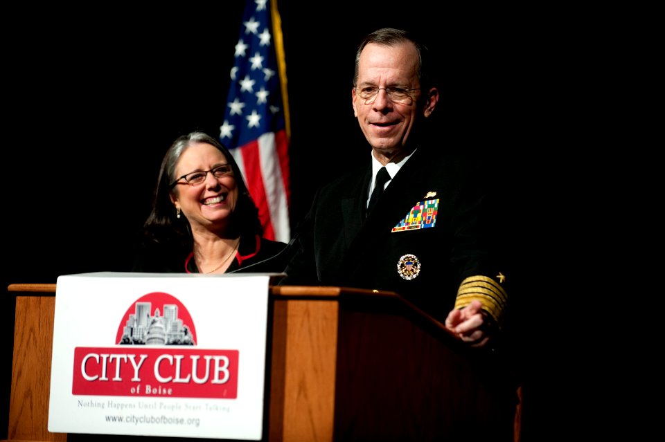 Defense.gov News Photo 110404-N-TT977-424 - Marcia Franklin founder of the City Club of Boise and Chairman of the Joint Chiefs of Staff Adm. Mike Mullen deliver remarks at Boise State