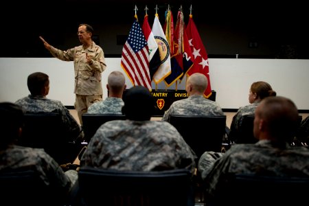 Defense.gov News Photo 110422-N-TT977-149 - Chairman of the Joint Chiefs of Staff Adm. Mike Mullen addresses soldiers assigned to the 1st Infantry Division s 2nd Advise and Assist Brigade at