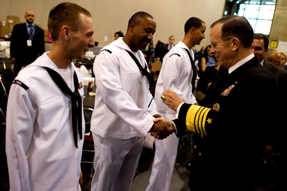 Defense.gov News Photo 110509-N-TT977-285 - Chairman of the Joint Chiefs of Staff Adm. Mike Mullen U.S. Navy greets sailors at the 2011 Robin Hood Foundation Gala in New York City on May 9