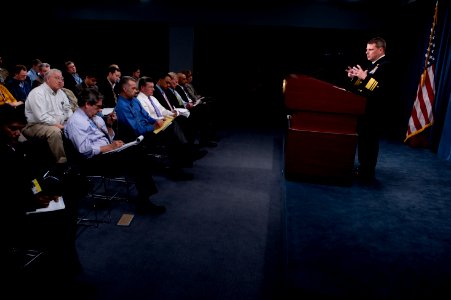 Defense.gov News Photo 110324-N-TT977-107 - Director of the Joint Staff Vice Adm. Bill Gortney U.S. Navy updates the media at a briefing on Operation Odyssey Dawn from the Pentagon in
