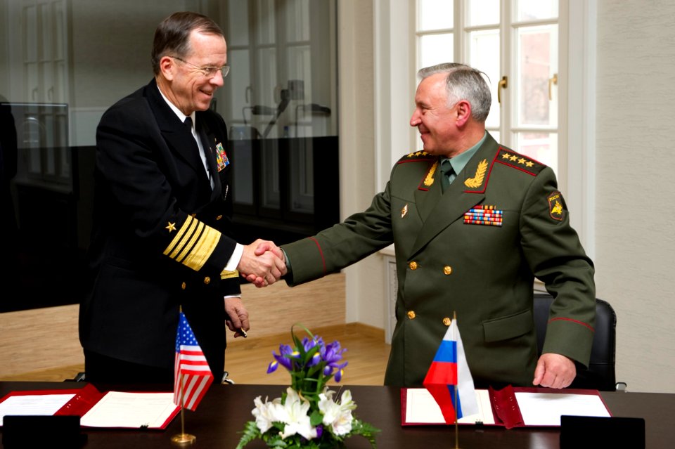 Defense.gov News Photo 110506-N-TT977-287 - Chairman of the Joint Chiefs of Staff Adm. Mike Mullen congratulates Chief of the General Staff of the Armed Forces of Russia Gen. Nikolai Makarov