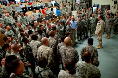 Defense.gov News Photo 110422-N-TT977-089 - Chairman of the Joint Chiefs of Staff Adm. Mike Mullen conducts an all hands call with service members assigned to the 25th Infantry Division at