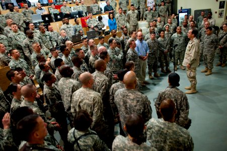 Defense.gov News Photo 110422-N-TT977-089 - Chairman of the Joint Chiefs of Staff Adm. Mike Mullen conducts an all hands call with service members assigned to the 25th Infantry Division at photo